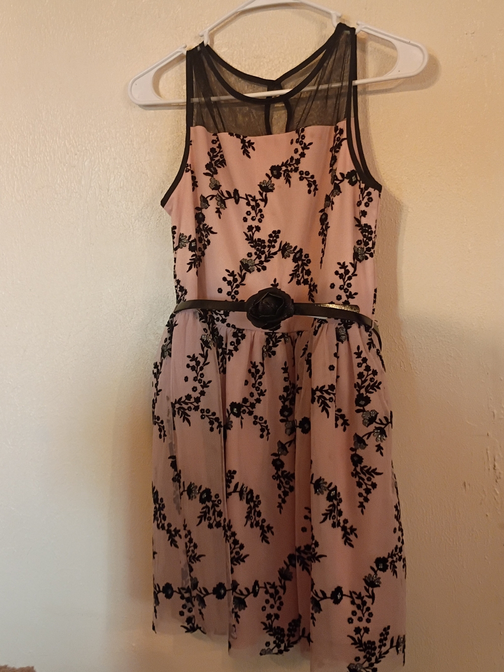 Place Pink Dress with Black Floral Lace and Flower Belt